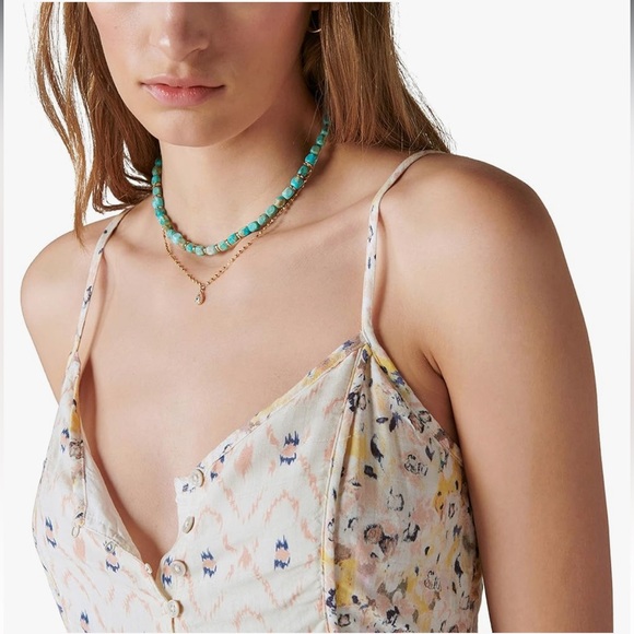 Lucky Brand Babydoll Tiered Sundress: Cream Pink Gold Taupe Mixed Media Print - Picture 2 of 16